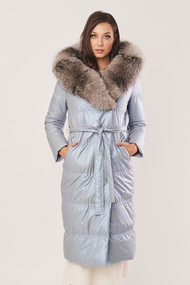 Dámsky dlhý páperový kabát s kapucňou v odtieni perleťovo modrej